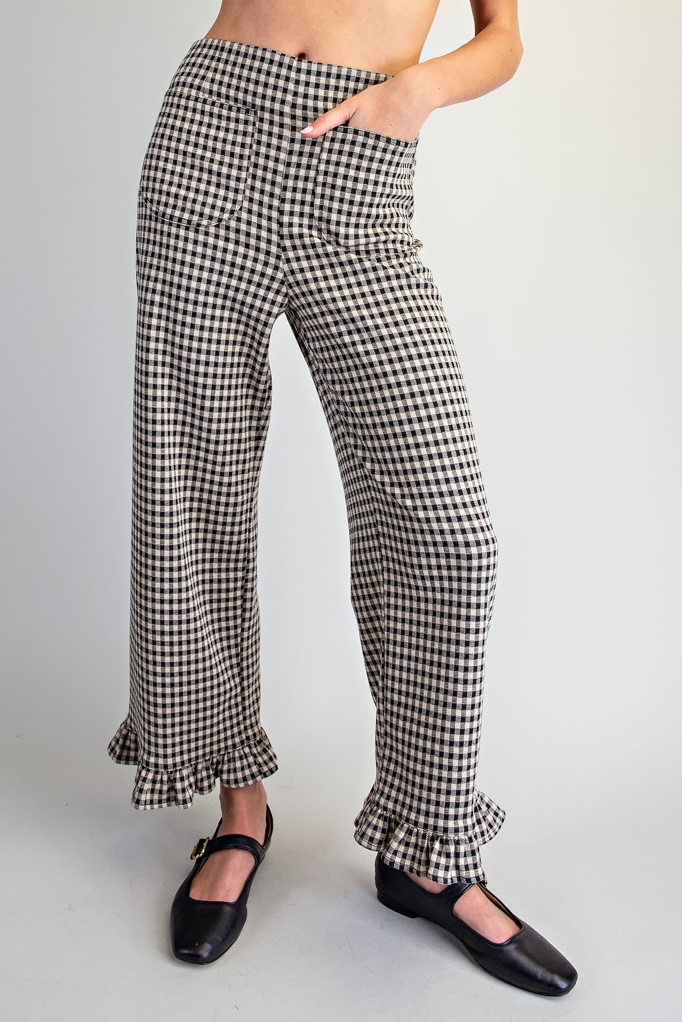 Black Gingham Ruffled Hem Pants