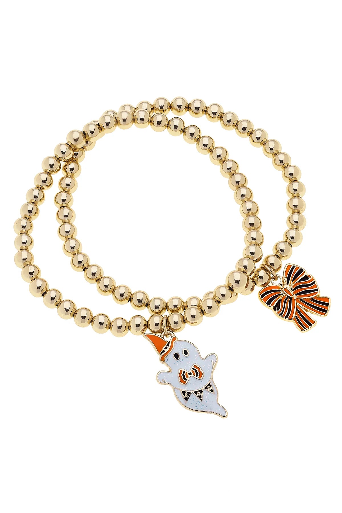 Canvas Style Halloween Ghost & Striped Bow Stretch Bracelet Set of 2 in Shiny Gold