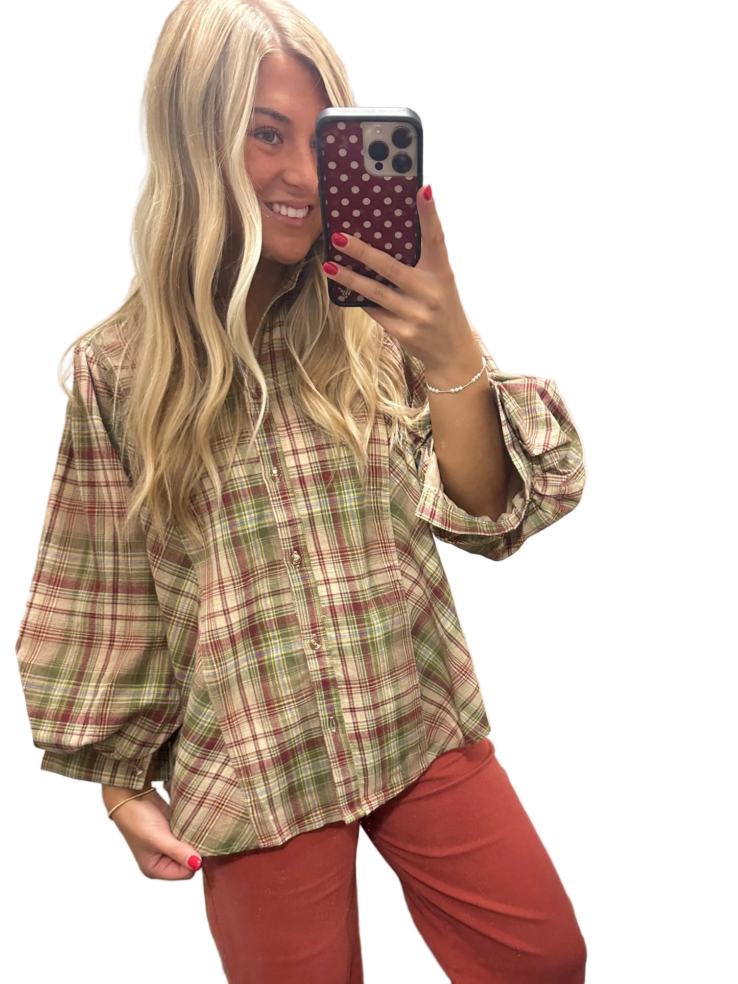 Essential Bubble Sleeve Plaid Blouse