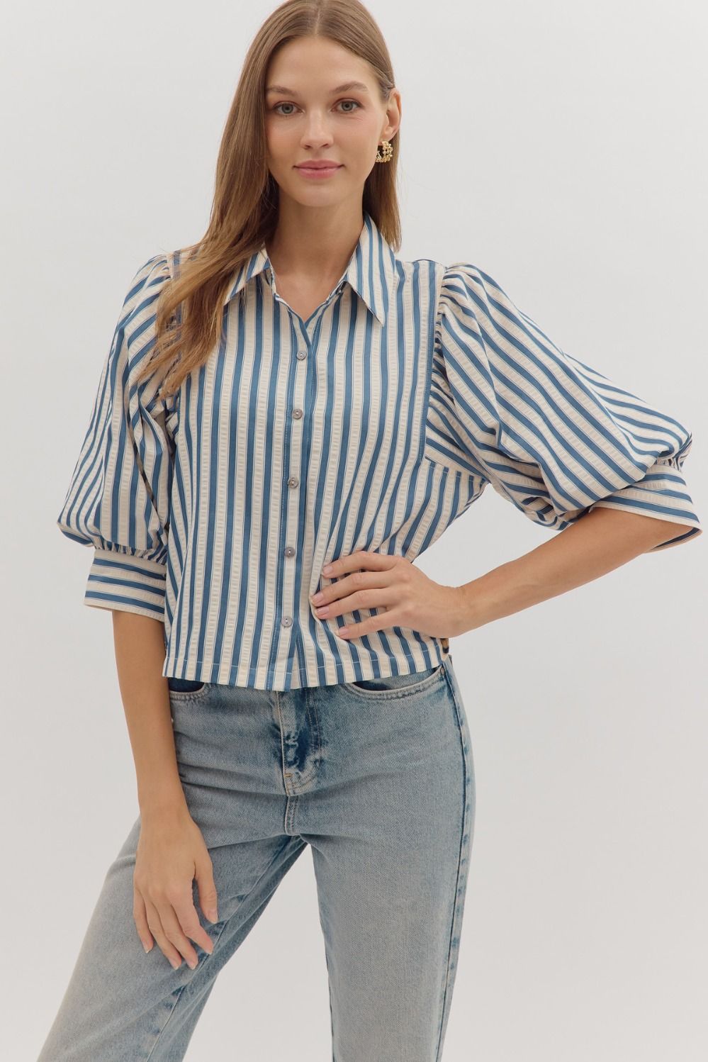 Striped Indigo Puffed Sleeve Blouse