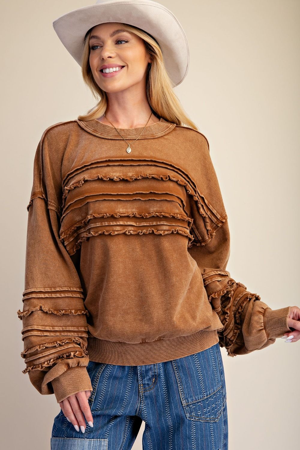 Golden Brown Long Sleever Mineral Washed Ruffle Terry Top