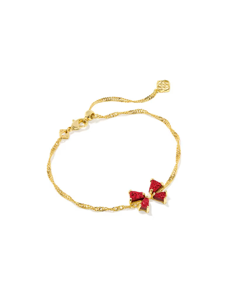 Blair Gold Bow Small Delicate Chain Bracelet in Bright Red Drusy