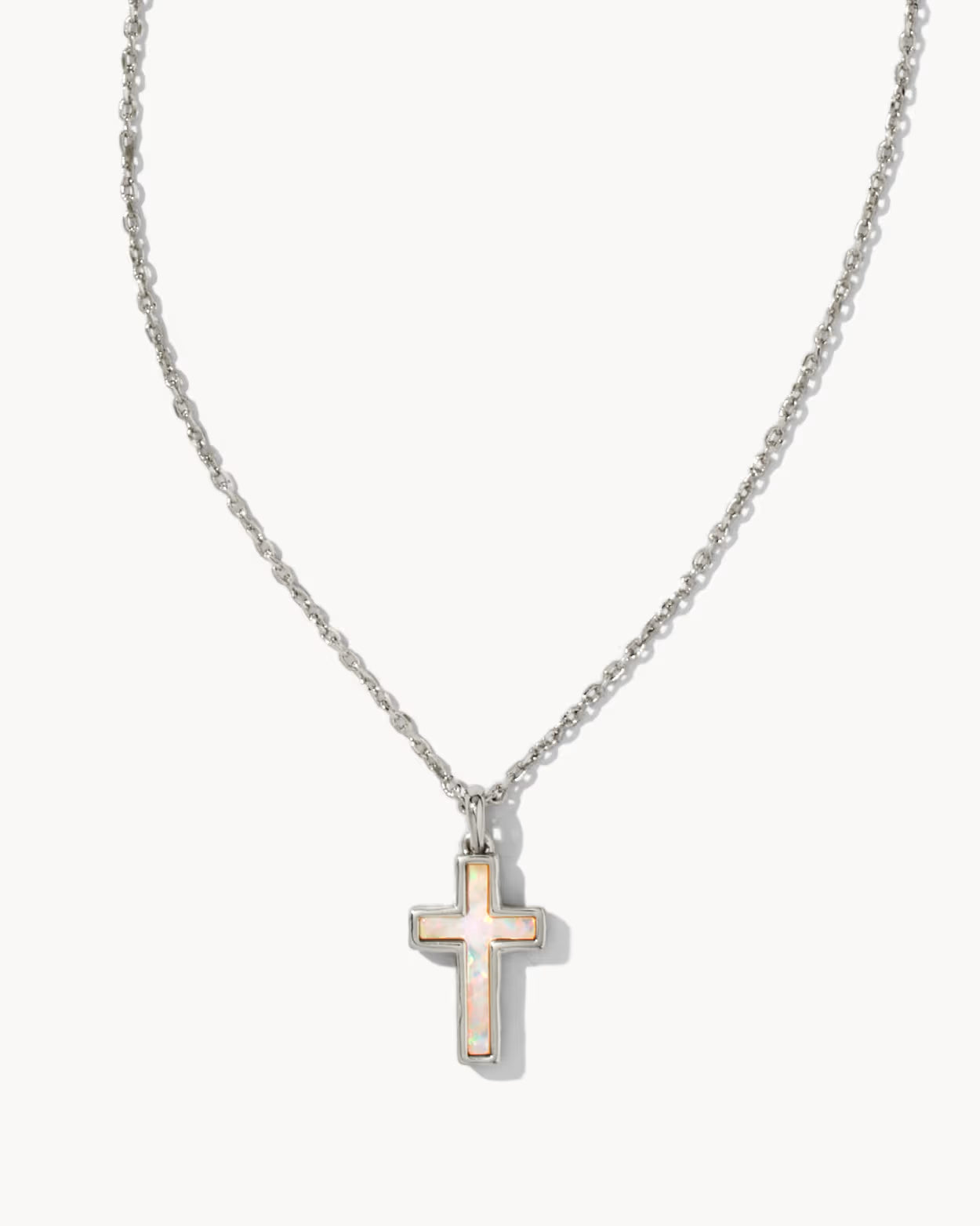 Cross Silver Pendant Necklace in White Lab Grown Opal