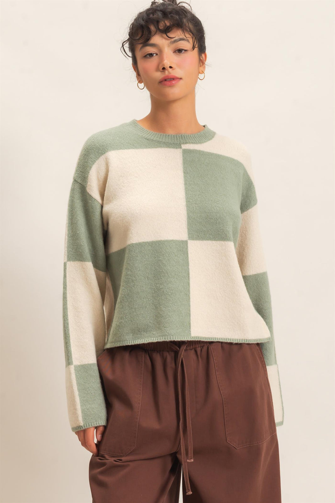 Crew Neck Checkered Sweater Sage