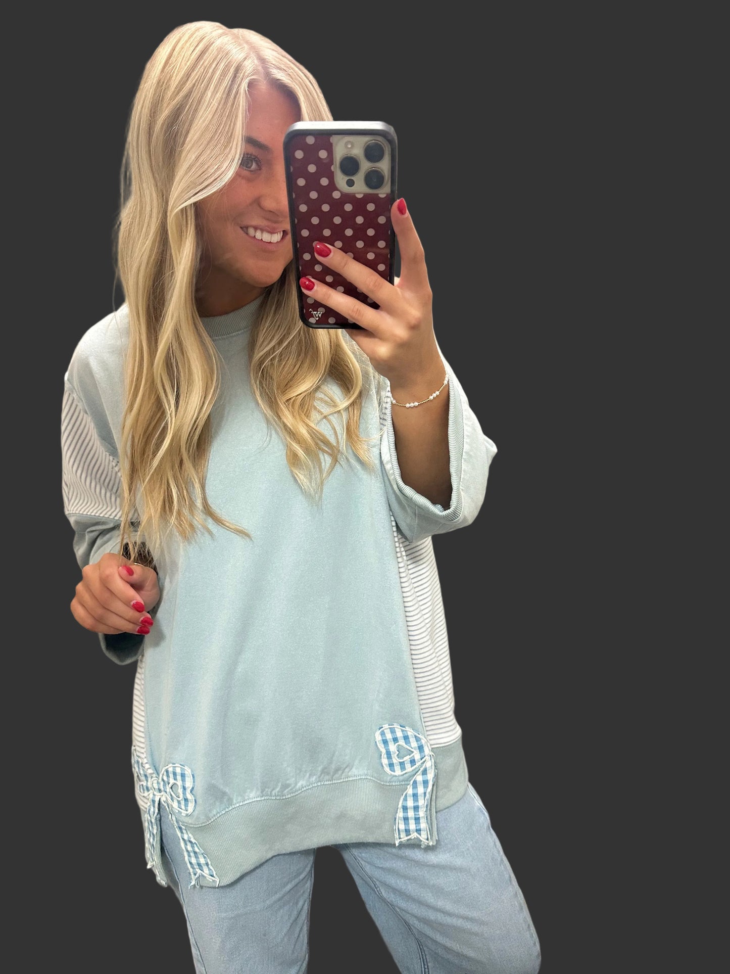 Dusty Blue Patch Bow 3/4 Sleeve Pullover