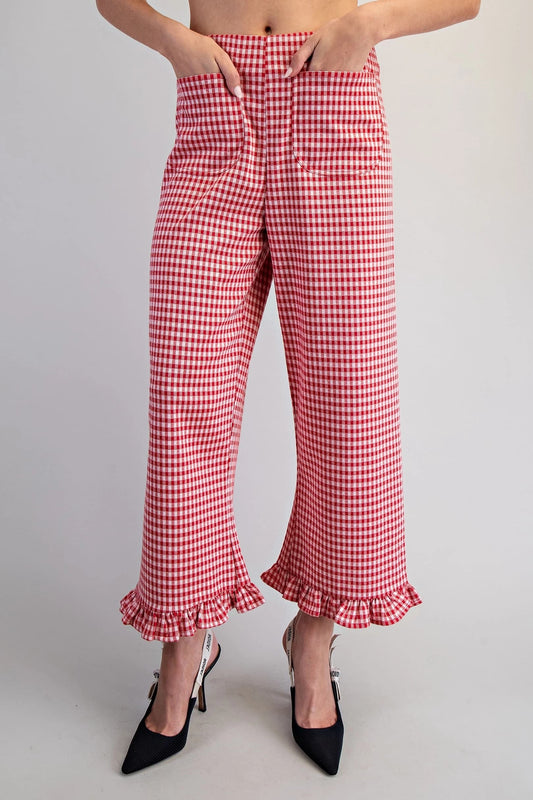 Red Gingham Ruffled Hem Pants