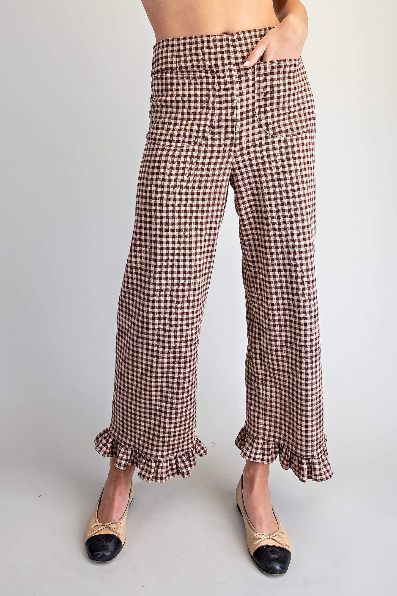 Gingham Ruffled Hem Pants Brownie