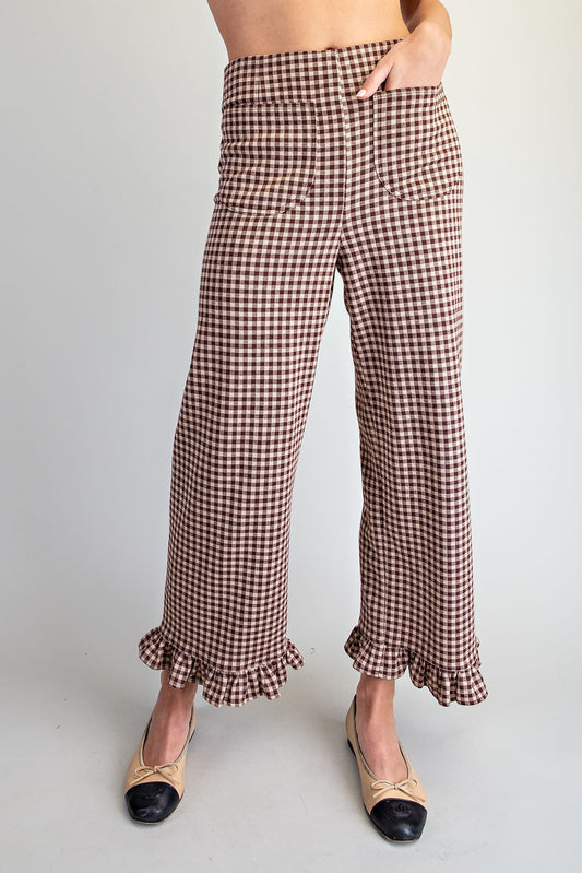 Gingham Ruffled Hem Pants Brownie