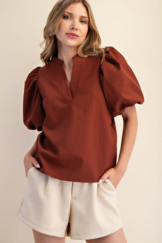 V-Neck Puff-Sleeve Top Rust