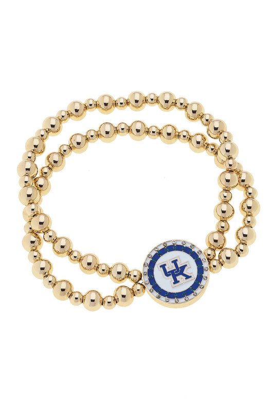 Kentucky Wildcats Pave Disc 2-Row Ball Bead Stretch Bracelet in Shiny Gold