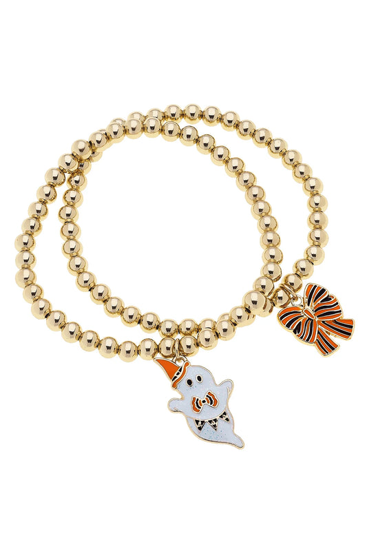 Canvas Style Halloween Ghost & Striped Bow Stretch Bracelet Set of 2 in Shiny Gold