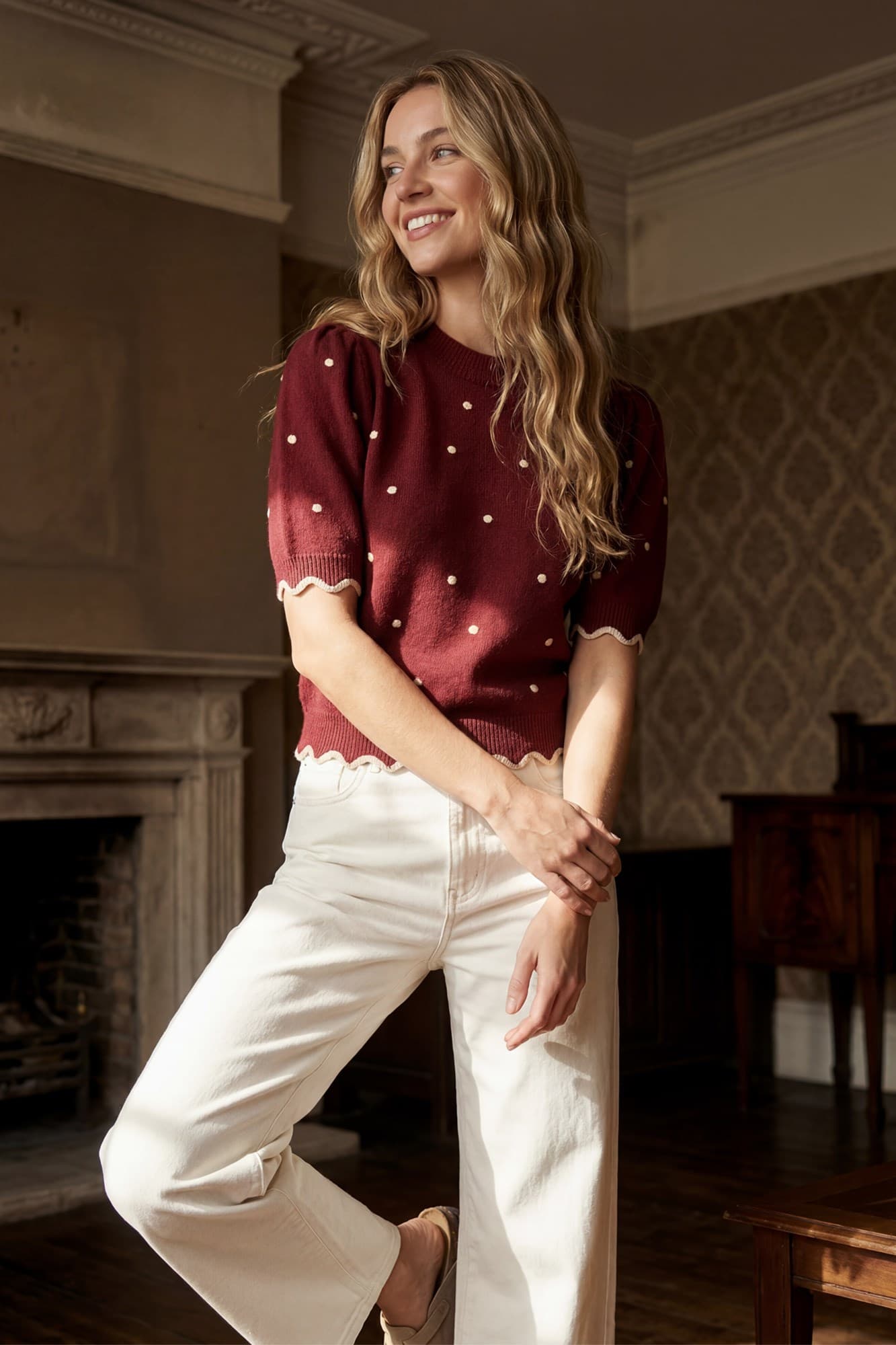 Wine Short Puff Sleeve Scallop Band Polkadot Sweater Top