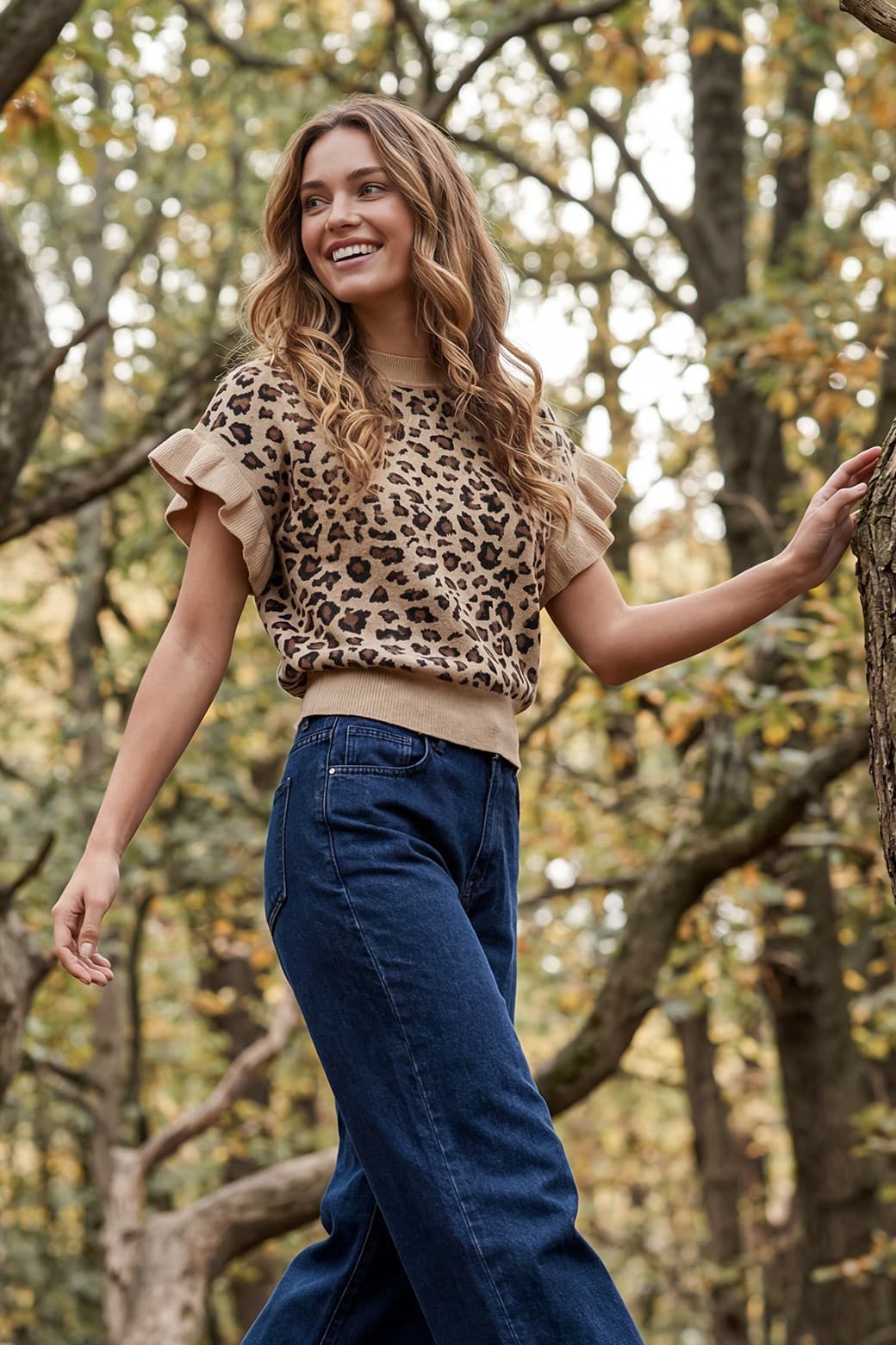 Leopard Ruffle Sleeve Sweater Top