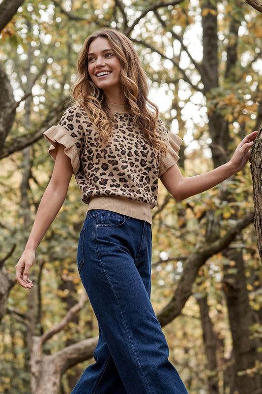 Leopard Ruffle Sleeve Sweater Top