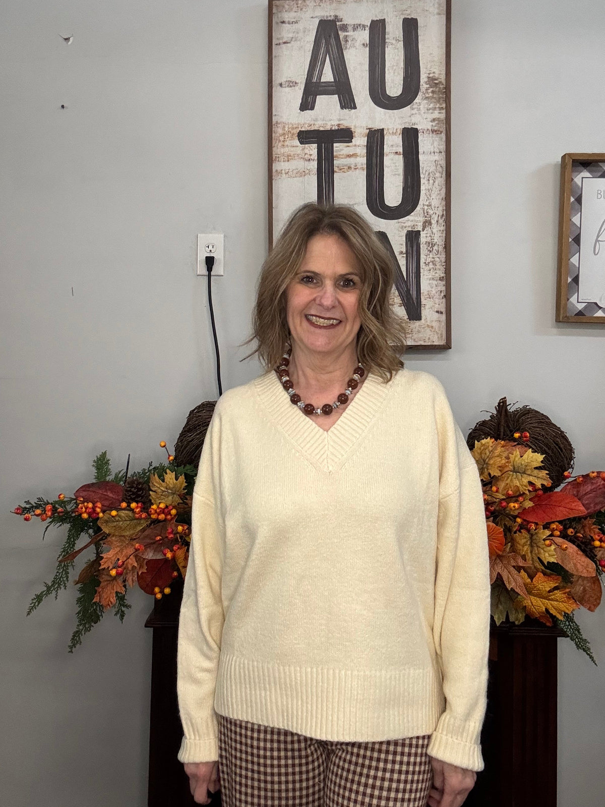 V-Neck Relaxed Fit Sweater-Cream