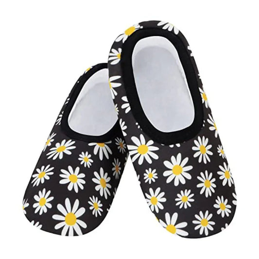 Snoozies Womens Black & White Daisy Skinnies Slippers