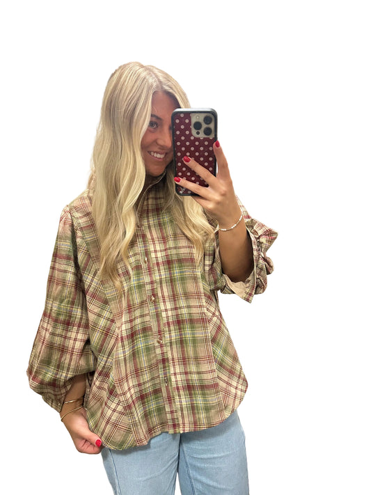 Essential Bubble Sleeve Plaid Blouse