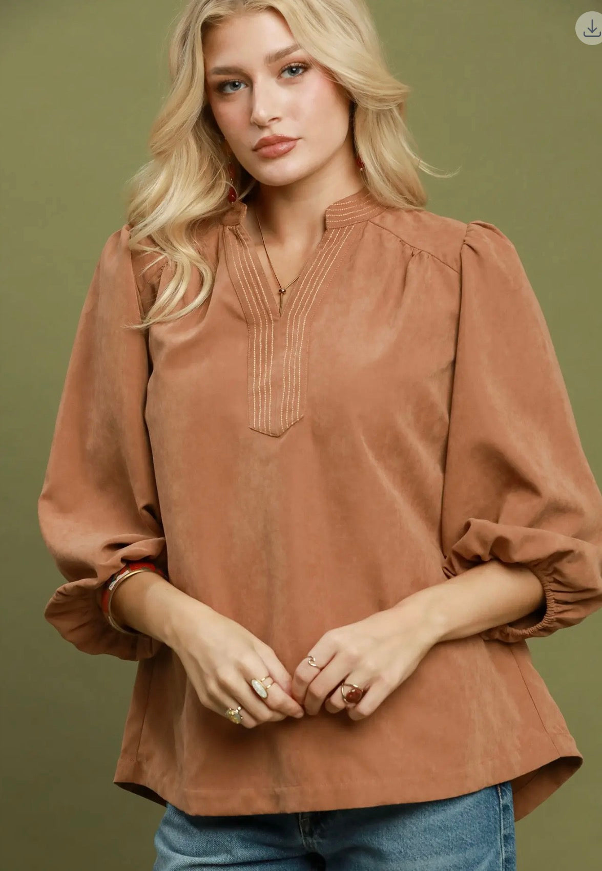Sueded Split Neck Blouse with Contrast Stitching