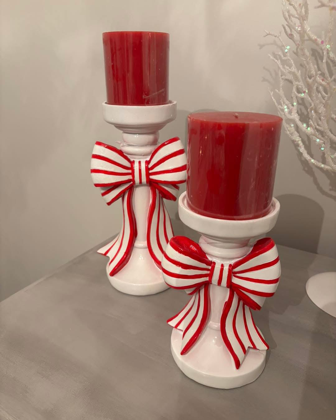 Red and White Stripe Bow Candle Holders