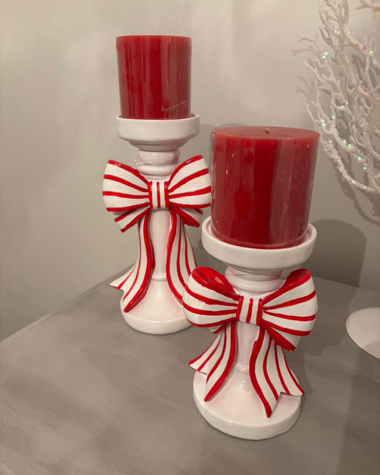 Red and White Stripe Bow Candle Holders