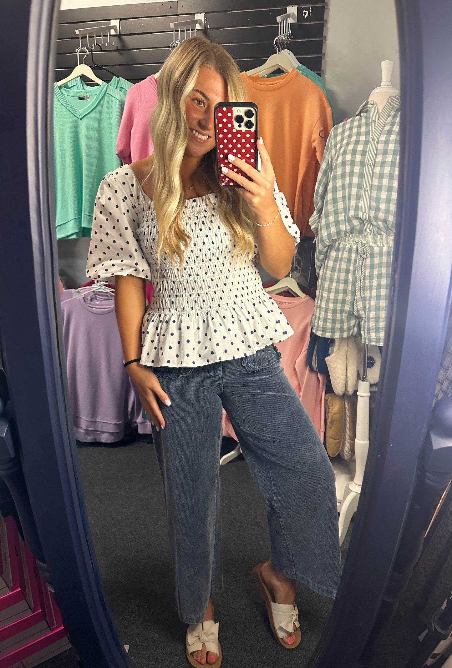 Navy Dot Smocked Top