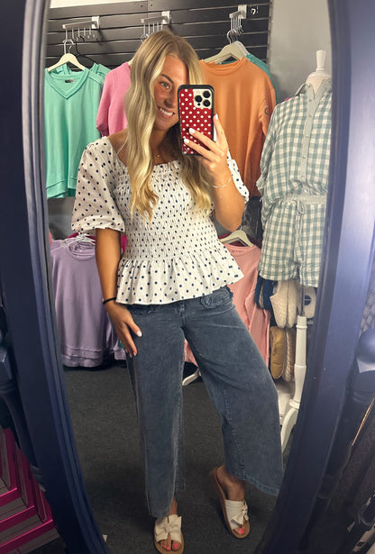 Navy Dot Smocked Top