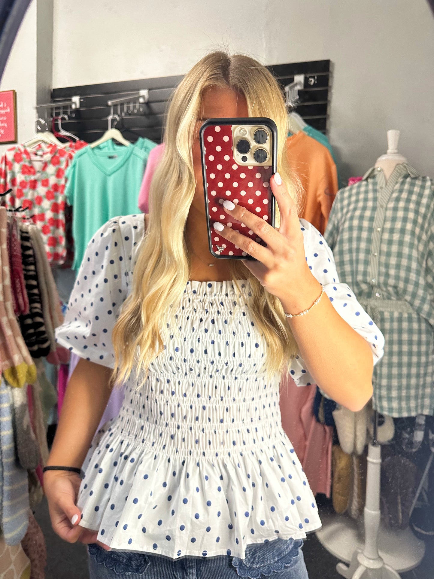 Navy Dot Smocked Top