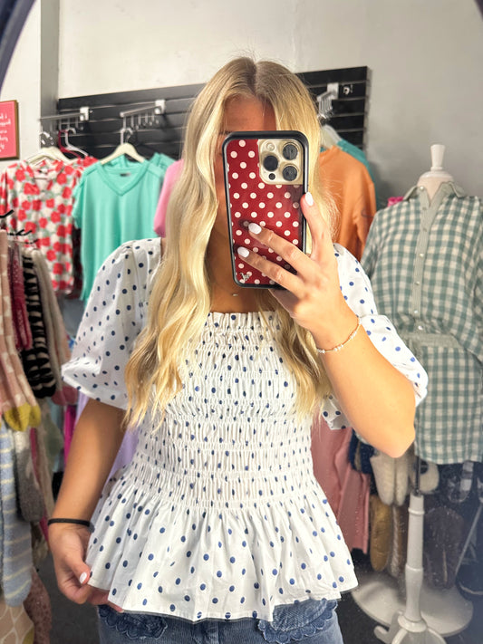 Navy Dot Smocked Top