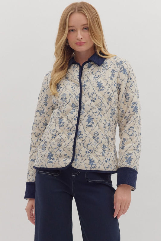 Navy Trim Quilted Botanical Jacket
