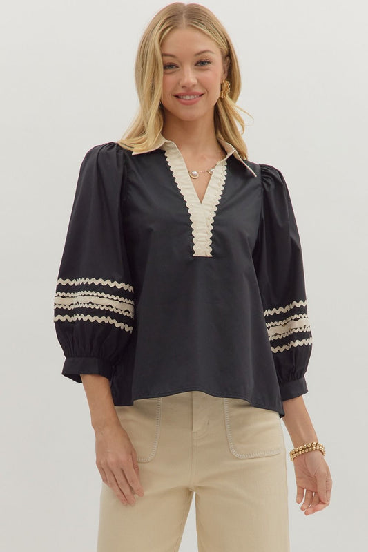 Midnight Ric-Rac Trim Blouse