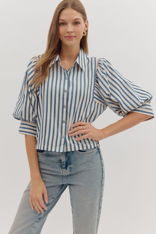 Striped Indigo Puffed Sleeve Blouse