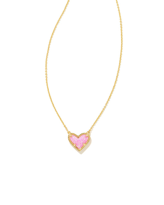 Ari Heart Gold Pendant Necklace in Pink Iridescent Glitter Glass