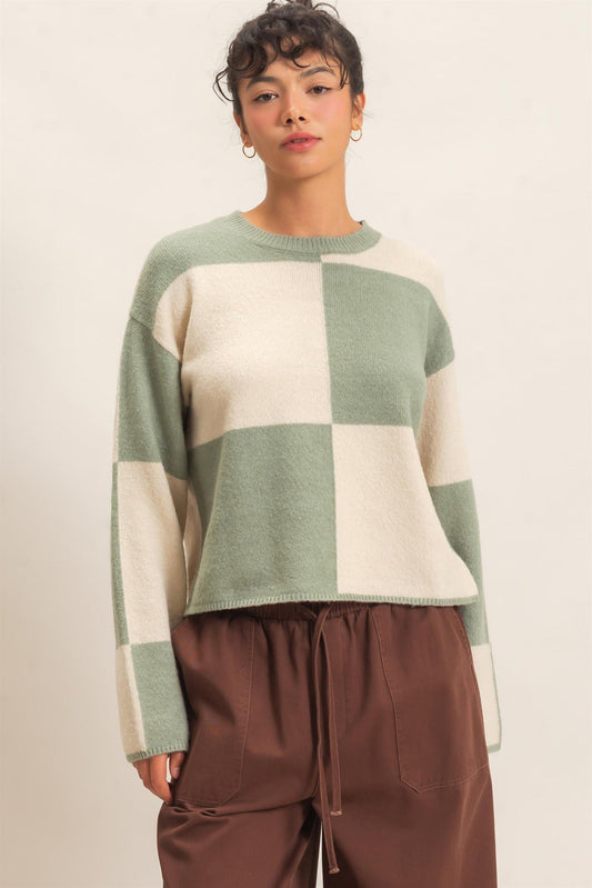 Crew Neck Checkered Sweater Sage